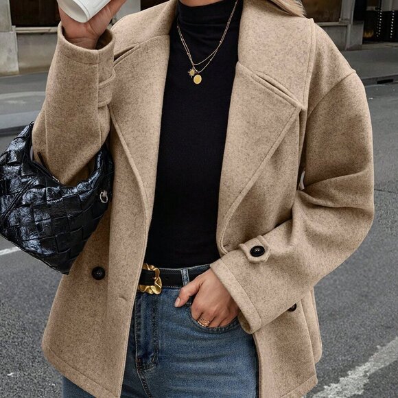 Khaki Casual Women's Double-Breasted Long Sleeve Loose Wool Coat - Picture 6 of 6